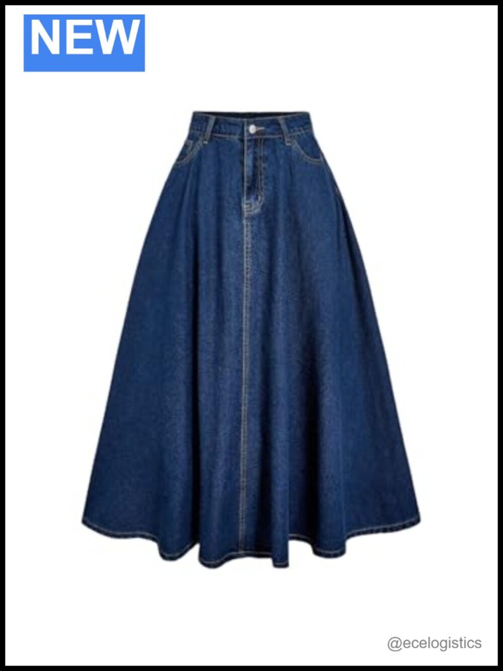 High Waisted Denim A-Line Flared Midi Jean Skirt with Pockets